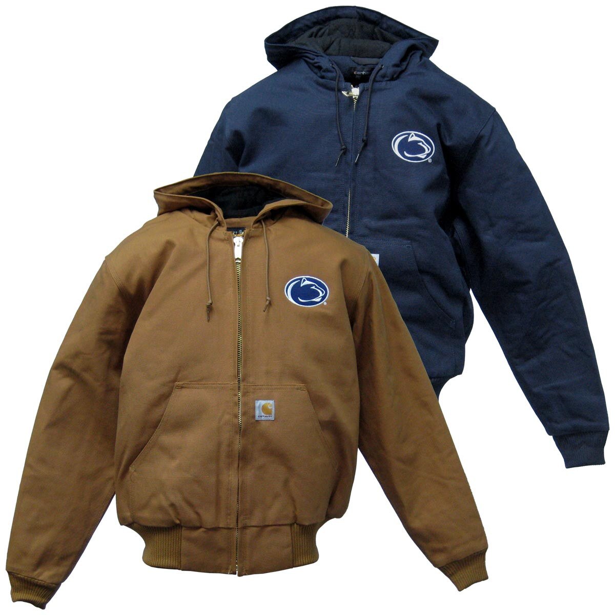brown and navy Carhartt jackets with embroidered Penn State Athletic Logo
